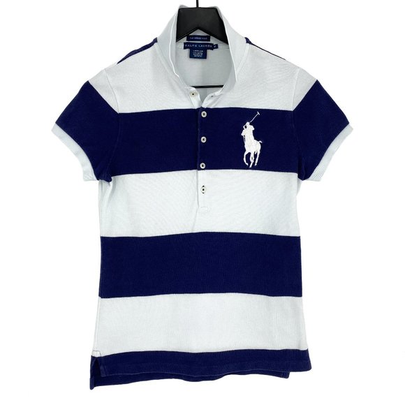 VTG RALPH LAUREN The Skinny Polo Big Pony Navy and White Stripe Shirt - Picture 1 of 15